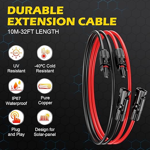 32Ft Solar Cable Solar Extension Cable,10AWG Solar Panel ExtensionCable with Female and Male Connectors,Waterproof Solar ExtensionCable Kit (Red and Black).