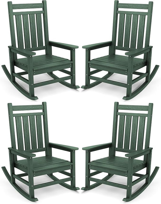 SERWALL Oversized Outdoor Rocking Chair Set of 4, HDPE Rocker for Adults, Patio Rocking Chairs for Porch, Green