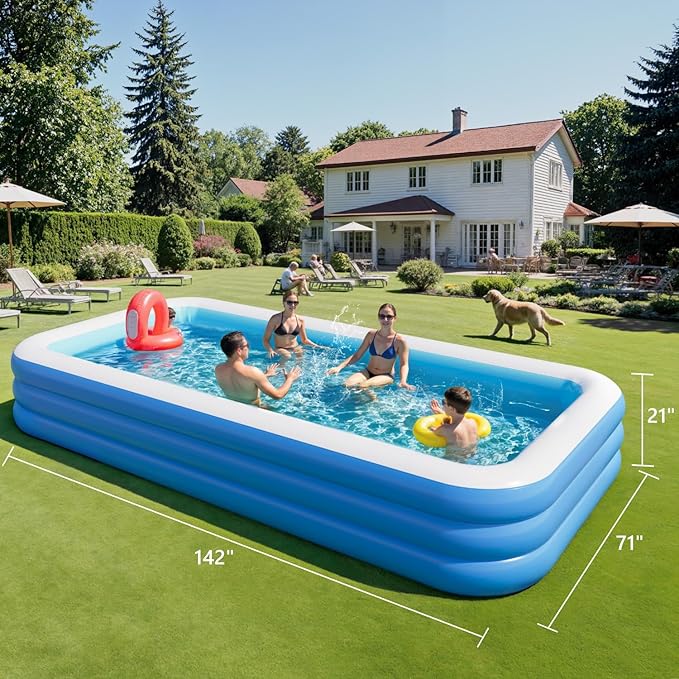 Inflatable Pool for Kids and Adults, 142" x 71" x 21" Blow Up Pools, Rectangular Family Swimming Pool