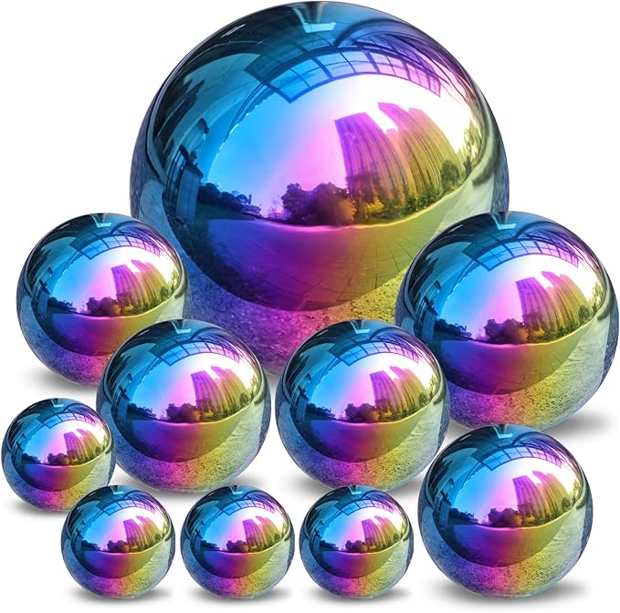 yarlung Set of 10 Stainless Steel Rainbow Gazing Balls, 50-150 mm Garden Mirror Globe Floating Pond Sphere, Polished Hollow Ball Reflective Ornament for Home Yard Outdoor Lawn Decoration