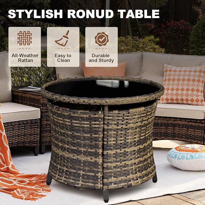MEISSALIVVE 9 Piece Outdoor Patio Furniture Set, Half-Moon Curved Sectional Sofa Rattan Conversation Set with 2 Wood Armrests Swivel Rocker Chairs, Round Coffee Table & Side Table（Brown）