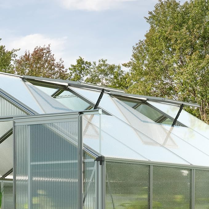 Greenhouse Topas 6 Aluminum Frame 7.4 x 12.6 ft Approx. 6 mm Polycarbonate Panels - with Bonus Base Frame and Automatic Vent Opener