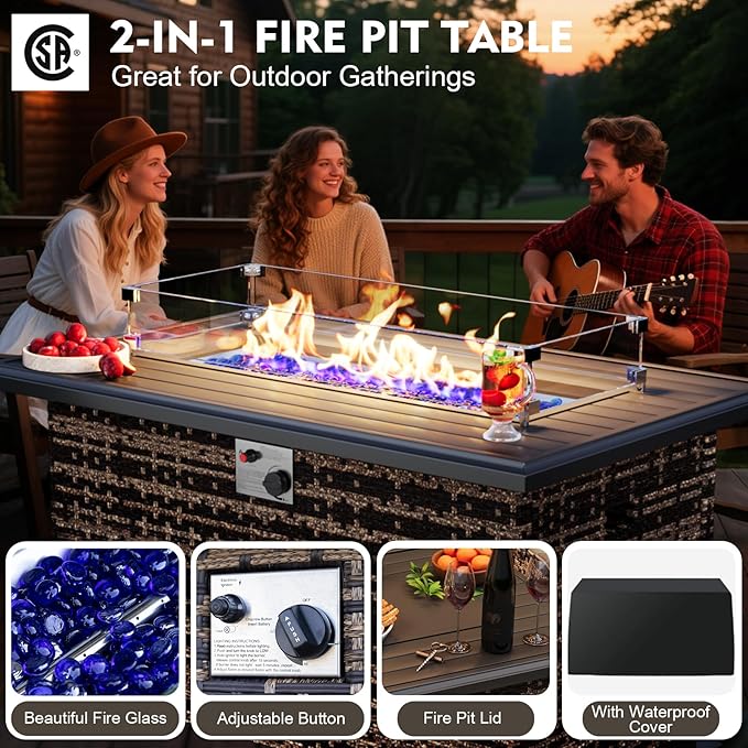 MEISSALIVVE 6 Pieces Patio Furniture Set with 43" Fire Pit Table, Wicker Patio Conversation Set with Swivel Rocking Chairs, Outdoor Patio Set for Lawn Backyard Porch (Brown)