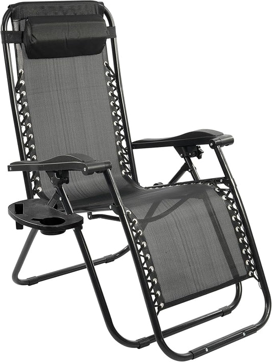 Elevon Zero Gravity Chair with Cup Holder & Removable Pillow, Adjustable Reclining Outdoor Patio Folding Chairs for Adults Portable Lounge Chair Furniture for Poolside, Lawn, Beach, Camping, Black
