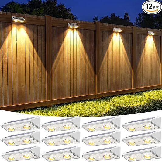 APONUO Solar Fence Lights, IP64 Waterproof, Fence Lights Solar Powered 9 Lighting Color Modes RGB Color Glow LED, Fences Solar Light Outdoor for Backyard, Yard, Wall, Deck, Patio, 12 Pack, White
