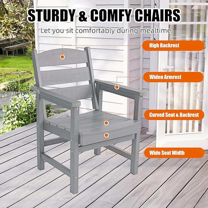 7-Piece HIPS Patio Dining Set, Outdoor Dining Table and Chairs Set with Umbrella Hole, Weatherproof Dining Table Set for 6 Person, Patio Furniture Set for Outside Deck, Grey