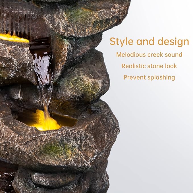 Ferrisland 31.5"H Outdoor Floor Waterfall Fountain, 5 Tier Rustic Rock Freestanding Water Fall Feature with Cascading Streams & LED Lights, Home Décor for Garden, Patio, Yard, Deck & Porch, Gift Ideas