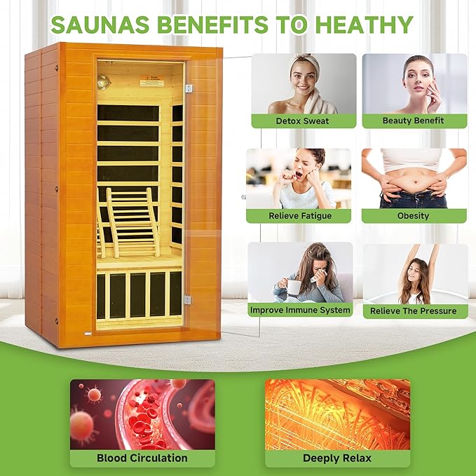 Real Relax Home Infrared Sauna, 1-2 Person Canadian Hemlock Wood Indoor Dry Saunas Room with Low Emf Red Light Therapy with Bluetooth Speakers, 9-Color Chromotherapy Lights