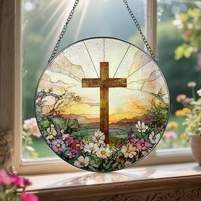 8 Inch Stained Glass Cross & Wildflowers Suncatcher Christian Hanging Ornament Gift for Religious Occasions