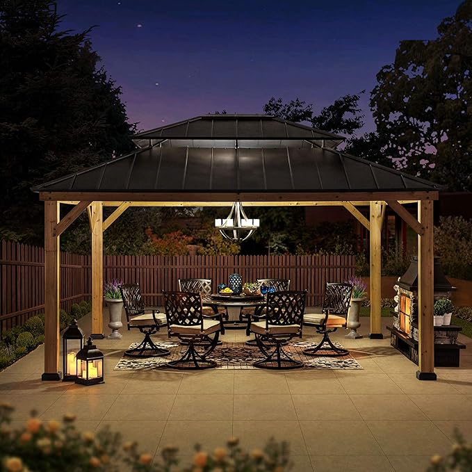 SUNJOY 13 x 15 ft. Wood Gazebo Cedar Framed Gazebos with Black Double Steel Hardtop Roof for Garden,Backyard Shade, Matte Black Roof + Natural Wood Frame
