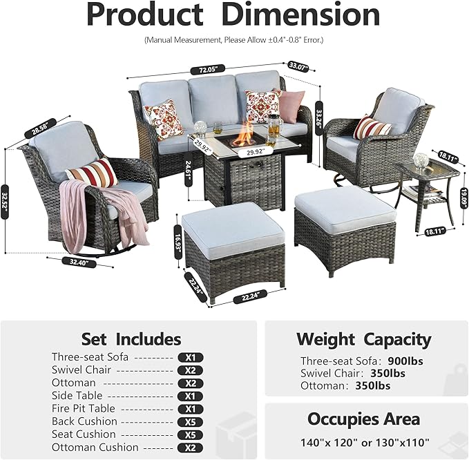 HOOOWOOO Patio Furniture Set,7 Piece Outdoor Furniture Set with Fire Pit Table,Wicker Patio Conversation Couch Swivel Chairs Ottoman Set,Light Gray