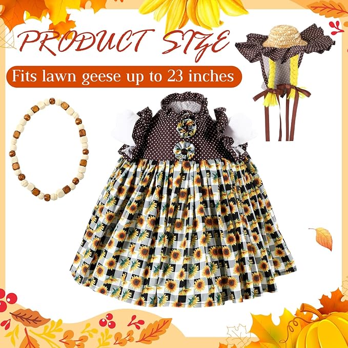 Fall Thanksgiving Goose Outfit Sunflower Porch Goose Costume with Hat Necklace for 23 Autumn Patio Yard Lawn Decor(Plaid Sunflower)