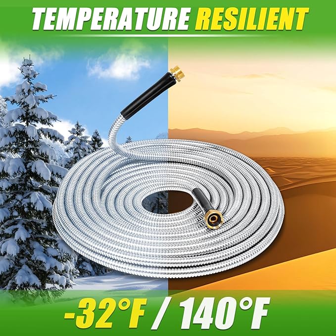 TOOLCY Metal Garden Hose- 304 Stainless Steel Water Hose 50 ft with Brass Nozzle - Super Flexible, No Kink, Heavy Duty, Puncture-proof, Lightweight, Durable Garden Hoses for Yard, Outdoor, Lawn