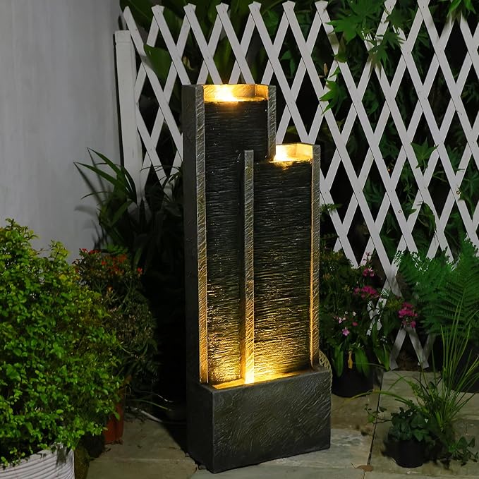35.4" H Modern Indoor Outdoor Waterfall Fountain with Gentle Sound, Resin Garden Water Fountain Outdoor with Lights, Black Stream Panel Floor-Standing Garden Feature for Patio, Balcony, or Home Decor