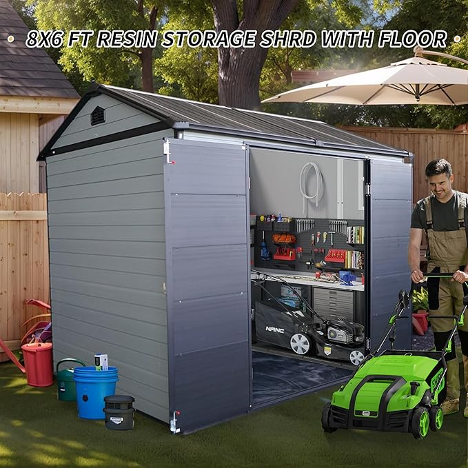 LANTRO JS Outdoor Storage Shed, 8x6FT Plastic Storage Shed with 2 Windows and Lockable Door for Garden Tools, Bike, Lawnmower, Grey and Black