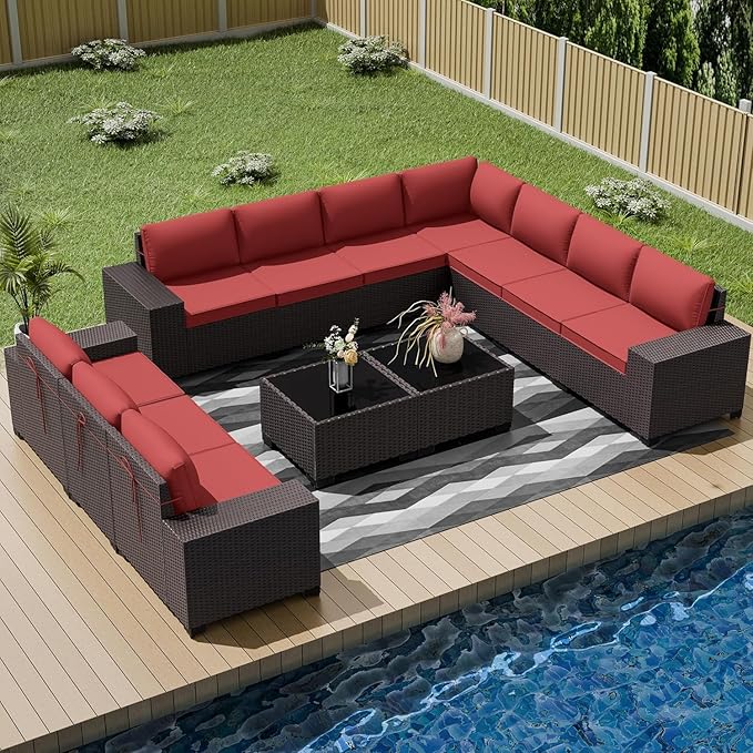 Outdoor Patio Furniture Set, 12 Pieces Outdoor Furniture All Weather Patio Sectional Sofas PE Wicker Modular Conversation Sets with Coffee Table,10 Chairs & Seat Clips Red.