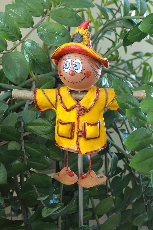 Ceramic Garden Decor - Scarecrow Lawn stake, yellow - Outdoor statue - Perfect, unique gifts for gardeners woman, men, yard gifts - Handmade, Frostproof