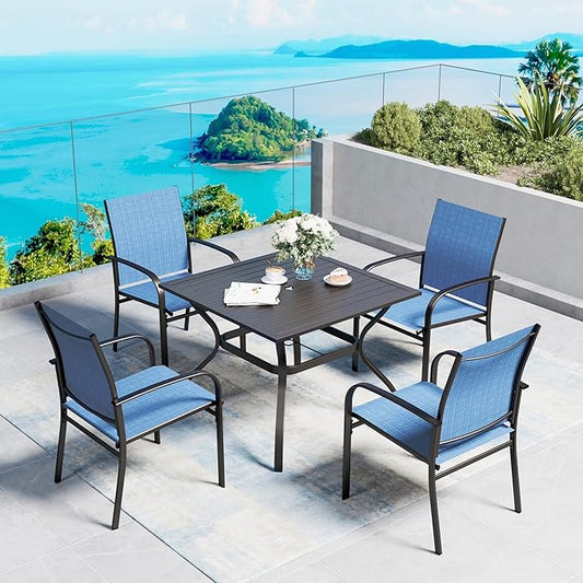 Patio Dining Set for 4, 37”Square Table with Umbrella Hole, 4 Metal Blue Chairs, Outdoor Table and Chairs for Lawn Backyard and Deck