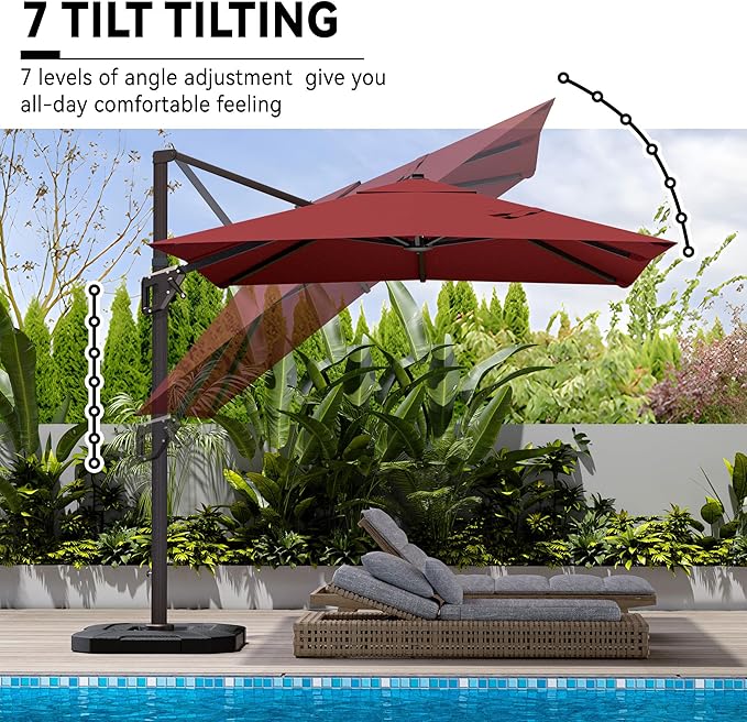 9' X 12' Cantilever Patio Umbrella 360°Rotation Rectangular Outdoor Large Offset Umbrellas Heavy Duty Windproof for Garden Deck Pool Backyard, Red