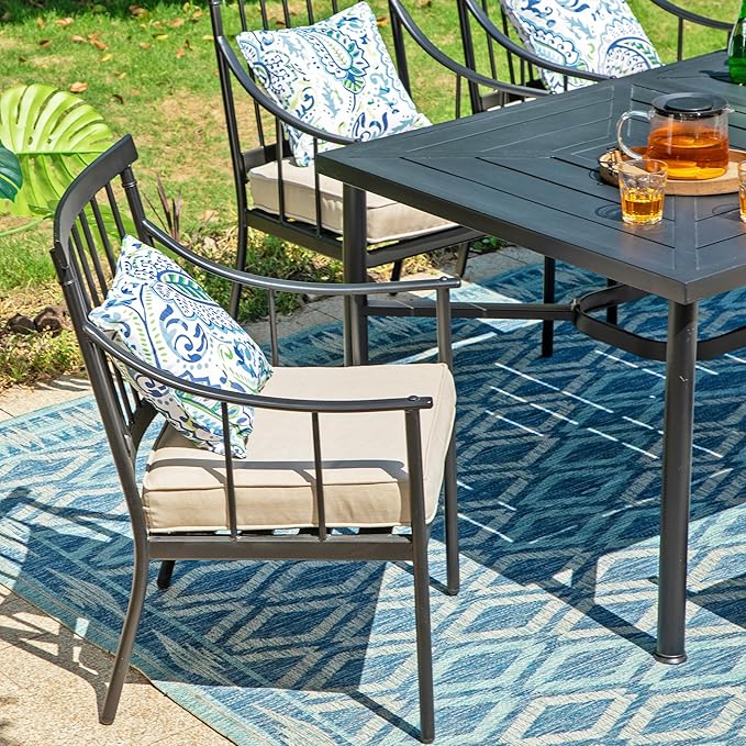Sophia & William 7 Pieces Metal Patio Dining Set, Rectangle Outdoor Table of 1.77" Umbrella Hole and 6 Armchairs with Seat Cushions, Outdoor Conversation Furniture for Porch Backyard Balcony Deck