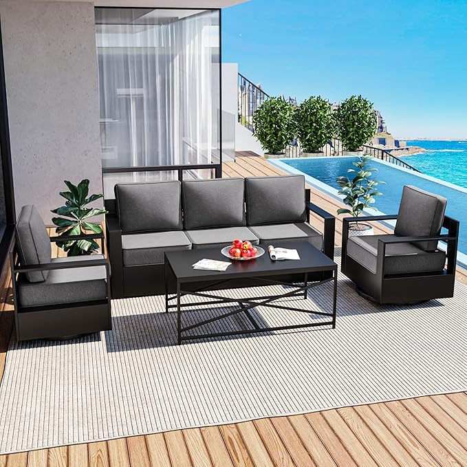 Outdoor Patio Furniture Set, 4-Piece Aluminum Patio Conversation Set All-Weather Metal Outdoor Sectional with 6 Inch Thick Cushions, Deep Setting for Garden, Outside and Porch