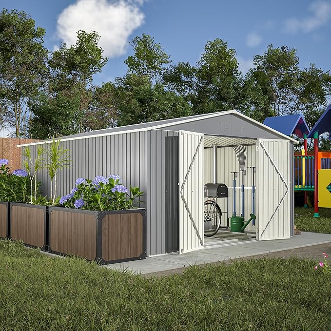 Metal Storage Shed 11x13 FT Outdoor, Metal Steel Utility Tool Shed Storage House with Double Lockable Doors & Air Vent for Backyard Garden Patio Lawn Gray
