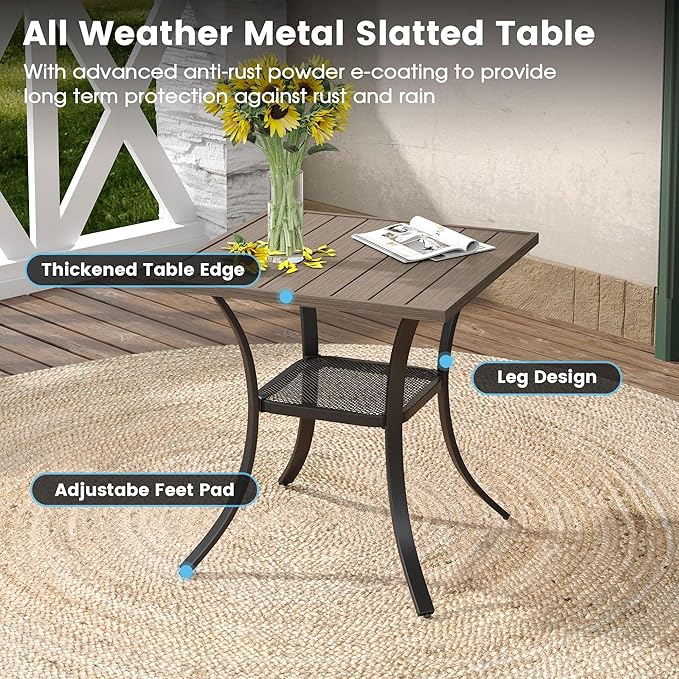 DIFY 3 Pieces Outdoor Patio Dining Set for 2, 27.6" Small Grey Wood-Like Walnut Square Metal Dining Table and 2 Grey Textilene Swivel Dining Chairs, Outdoor Table and Chairs