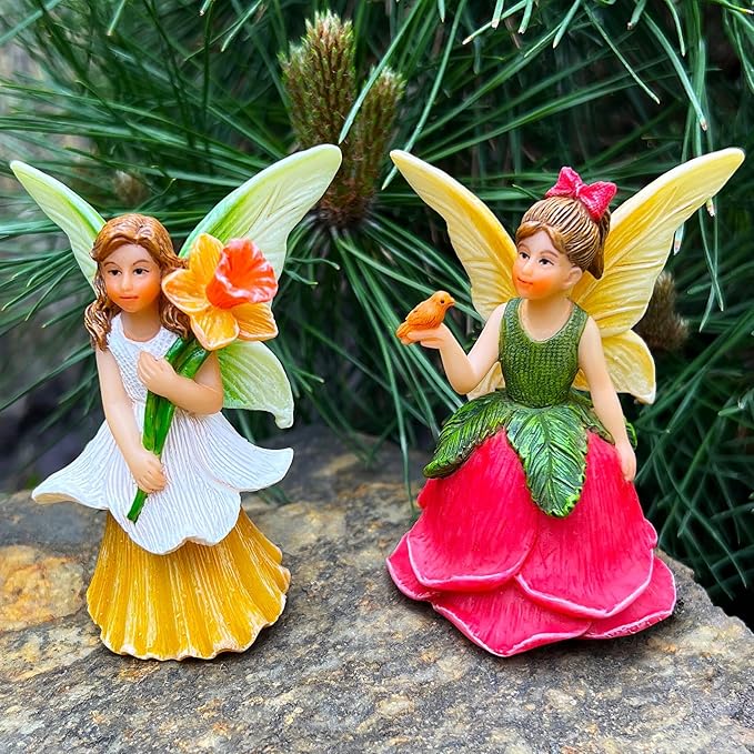 Mood Lab Fairy Garden - Miniature Fairy Figurines - Flower Girls Set of 2 pcs - Narcissus & Rose Fairies Accessories Statue Kit