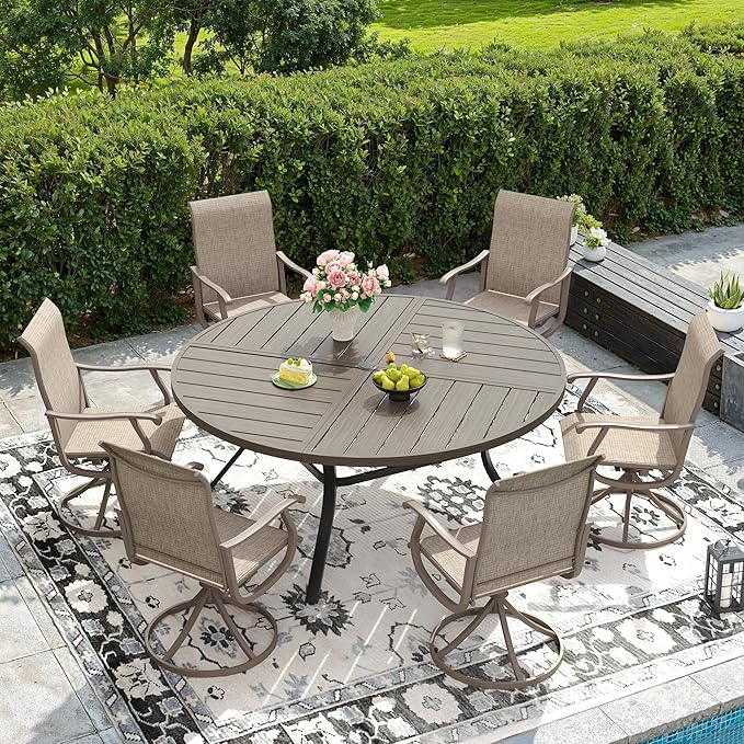 DIFY 7 Pieces Outdoor Patio Dining Set, 6 Sandshell Textilene Swivel Dining Chairs and 53.1" Grey Wood-Like Round Metal Dining Table, Outdoor Table and Chairs