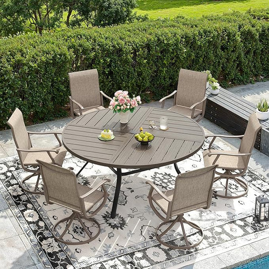 DIFY 7 Pieces Outdoor Patio Dining Set, 6 Sandshell Textilene Swivel Dining Chairs and 53.1" Grey Wood-Like Round Metal Dining Table, Outdoor Table and Chairs