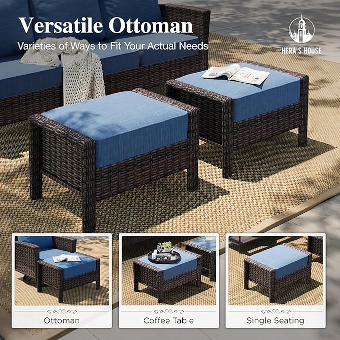 HERA'S HOUSE 8-Piece Outdoor Furniture Set with Fire Pit Table, Patio Conversation Set with 5.5-Inch Thick Cushions & High Back Swivel Chairs, All-Weather Wicker Deep Seating Sofa with Ottomans, Blue
