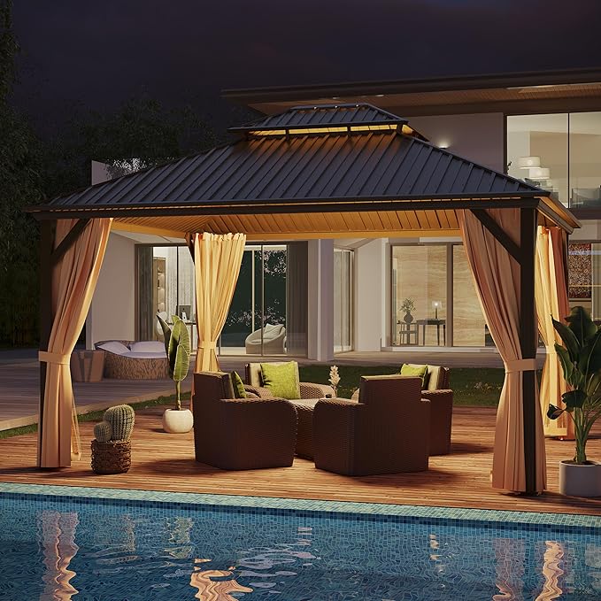 12x14 ft Hardtop Gazebo Outdoor Aluminum Patio Gazebo Double Roof Galvanized Steel Canopy with Netting and Curtains for Garden, Backyard,Deck and Lawns