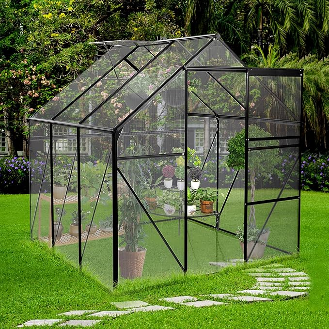 6x6 FT Polycarbonate Greenhouse,All Season Heavy Duty Walk-in Garden Plants Green House for Outdoor Backyard,Raised Base and Anchor Aluminum,Easy to Install,Black