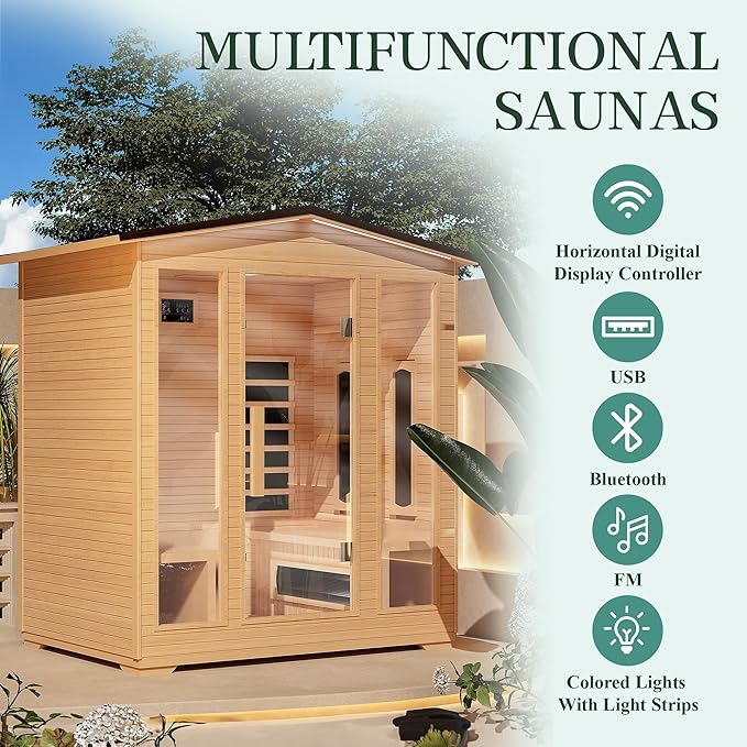 4 Person Outdoor Infrared Sauna - 3D Fast Heating Home Spa Sauna w/Chromotherapy Light, Wooden Sauna Room Kit w/Bluetooth Speaker (CE Certified,220V)