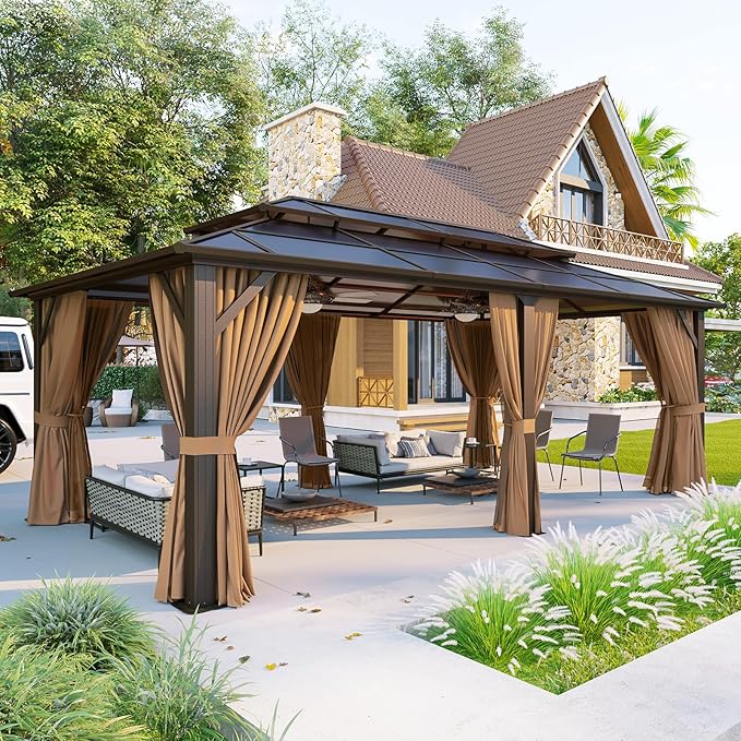 Aoxun 12'x20' Hardtop Gazebo, Aluminum Frame Permanent Pavilion with Curtains and Netting, Outdoor Polycarbonate Double Roof Canopy, Designed for Garden, Lawns, Patio