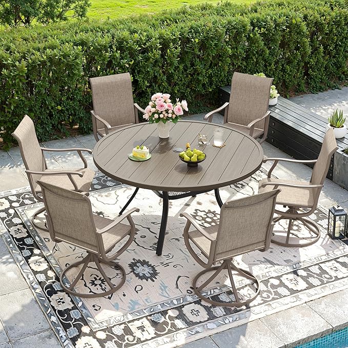 DIFY 7 Pieces Outdoor Patio Dining Set, 6 Sandshell Textilene Swivel Dining Chairs and 47.2" Grey Wood-Like Round Dining Table, Metal Outdoor Table and Chairs