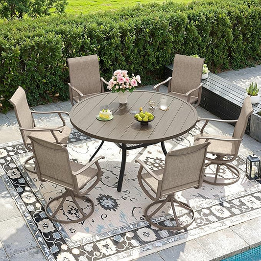 DIFY 7 Pieces Outdoor Patio Dining Set, 6 Sandshell Textilene Swivel Dining Chairs and 47.2" Grey Wood-Like Round Dining Table, Metal Outdoor Table and Chairs