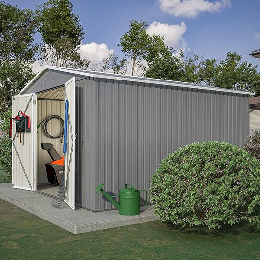 10x10 FT Outdoor Storage Shed, Large Metal Garden Shed with Lockable Hinged Doors, Outside Tool Shed with Sloped Roof & 4 Air Vents, Waterproof Storage Building for Backyard, Patio, Lawn, Gray