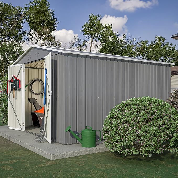 10 x 10 FT Outdoor Storage Shed, Large Metal Tool Sheds with Updated Frame Structure and Lockable Doors, Garden Shed for Backyard Garden Patio Lawn, Grey