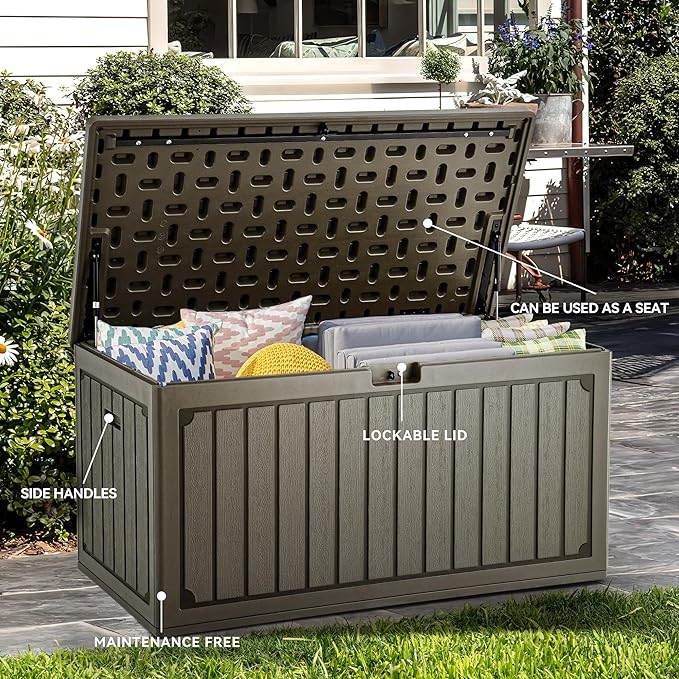 YITAHOME 90 Gallon Large Deck Box with Side Handles, Outdoor Double-Wall Storage for Patio Furniture Cushions, Garden Pool Accessories, Waterproof & Lockable