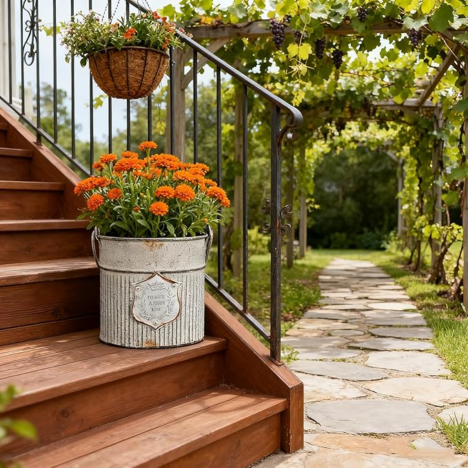 Vintage Galvanized Metal Planter Pots Set of 2, Rustic Farmhouse Flower Pots with Handles, "Potager A Paris 1903" Decorative Planters for Indoor Outdoor Gardening, Succulents, Herbs, Home Decor