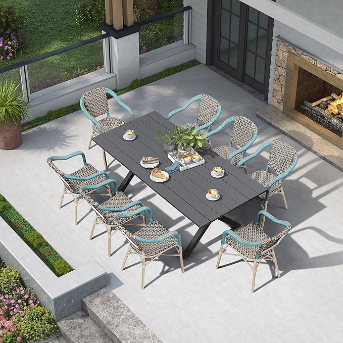 PURPLE LEAF 9 Pieces Outdoor Table and Chair Set Patio Furniture Set with Large Rectangular Table and 10 French Dining Chairs for Poolside Deck Colorful Patio Dining Set