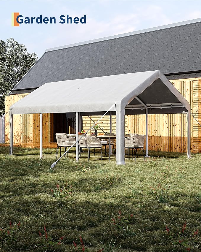 GarveeLife 10x20 ft Carport, Car Port with 200 g PE Tarp, Roll-Up Doors, and 4 Windows, for Sedans, Bass Boats, Motos, ATVs, and SUVs, White