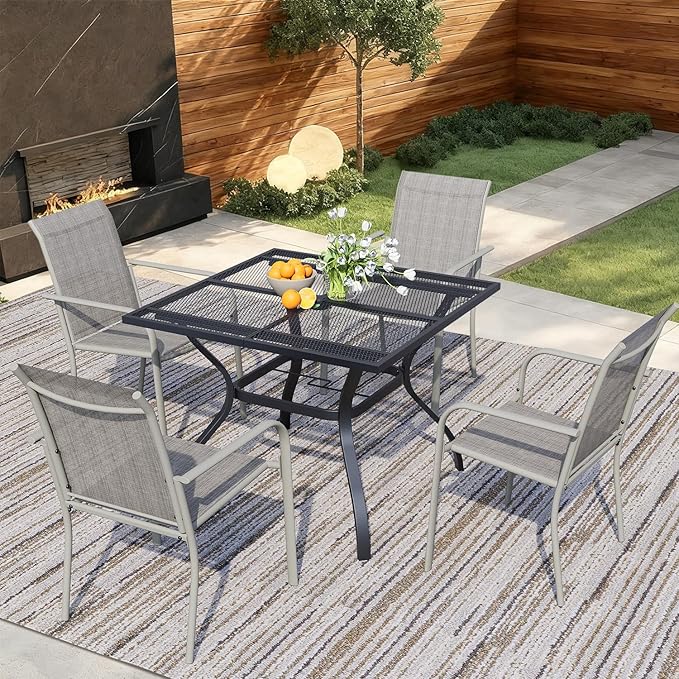 5 Pieces Sqaure Dining Table Set for 4, Patio Dining Set Includes 4 Grey Stackable Patio Chairs and 1 Black Mesh Square Table, Patio Furniture Sets with Sling Support for Outside, Garden