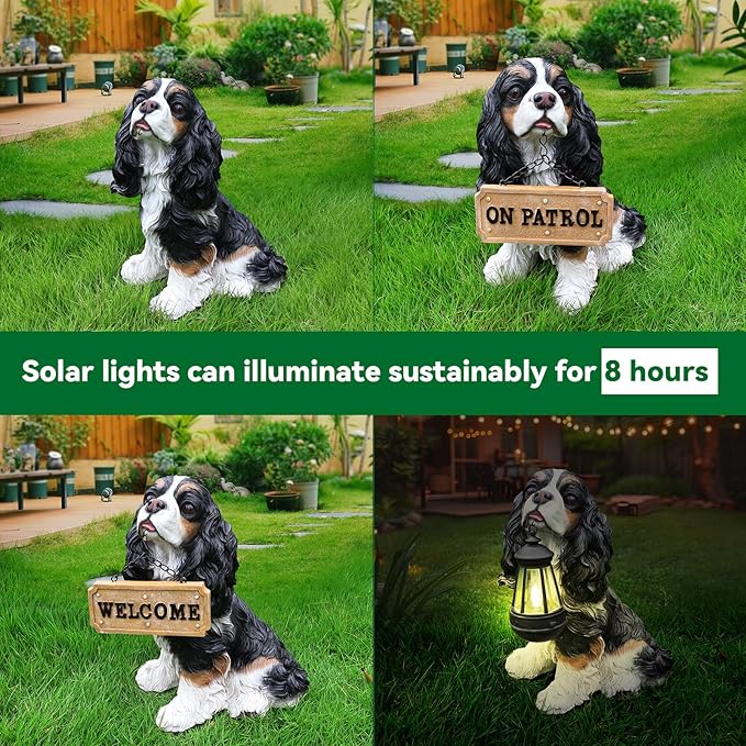 Cavalier King Charles Spaniel Outdoor Dog Statue with Reversible “Welcome/ON Patrol” Hanging Plaque and Solar Porch Lantern, Black & White Sitting