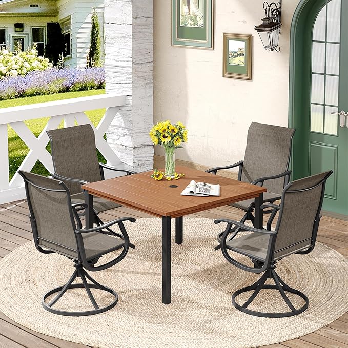DIFY 5 Pieces Outdoor Patio Dining Set for 4, 40.2" Walnut Metal Square Dining Table and 4 Brown Textilene Swivel Dining Chairs, Outdoor Table and Chairs