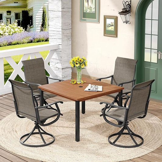 DIFY 5 Pieces Outdoor Patio Dining Set for 4, 40.2" Walnut Metal Square Dining Table and 4 Brown Textilene Swivel Dining Chairs, Outdoor Table and Chairs