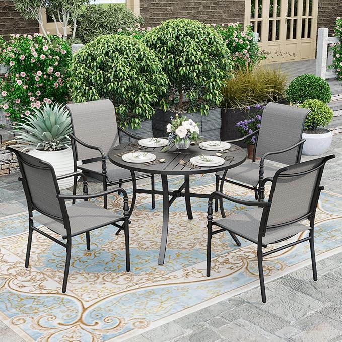 HERA'S HOUSE 5 Pieces Outdoor Dining Sets, Round Table with 4 Armrest Chairs, Patio Table and Chairs for Lawn Porch Backyard Restaurant