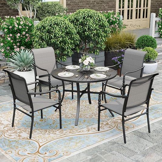 HERA'S HOUSE 5 Pieces Outdoor Dining Sets, Round Table with 4 Armrest Chairs, Patio Table and Chairs for Lawn Porch Backyard Restaurant