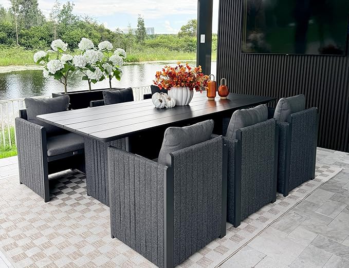 PURPLE LEAF 7 Pieces Patio Dining Set All-Weather Modern Outdoor Furniture Set Aluminum Dining Table and Chairs with Olefin Cushions Pillows for Garden Backyard Kitchen Grey